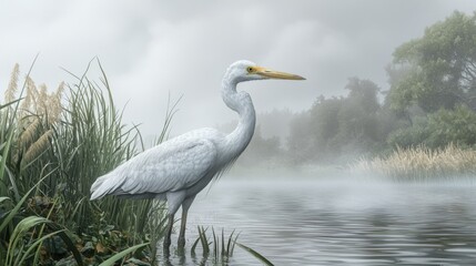 Fototapeta premium Majestic White Heron in Misty Lake Serene Nature Scene Wildlife Photography