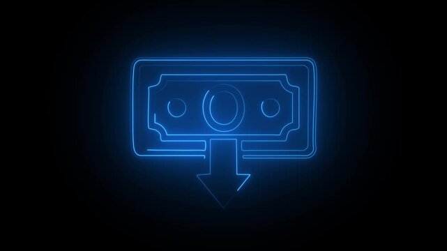   Neon line dollar rate decrease icon. Money symbol with down arrow. Business lost crisis decrease. 