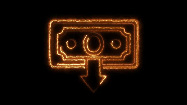   Neon line dollar rate decrease icon. Money symbol with down arrow. Business lost crisis decrease. 