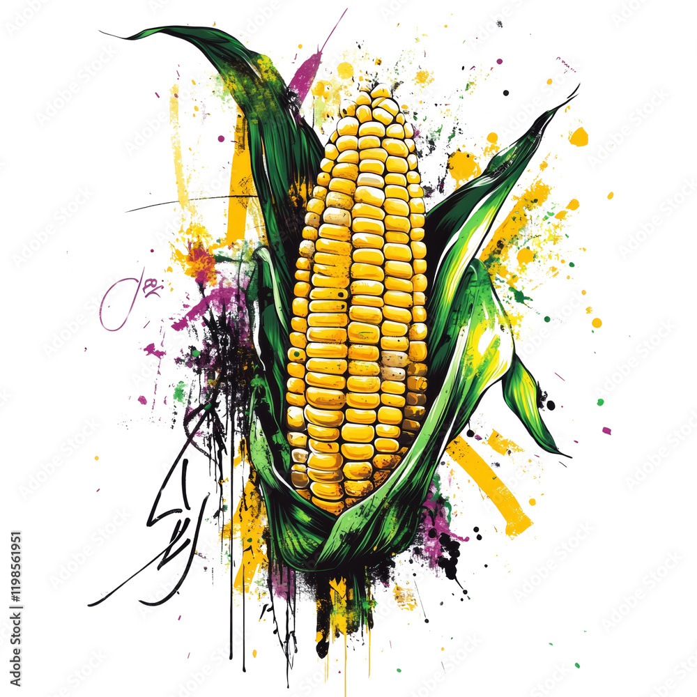 Poster a stylized illustration of an ear of corn presented in an abstract and vibrant artistic style with c
