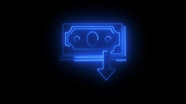   Neon line dollar rate decrease icon. Money symbol with down arrow. Business lost crisis decrease. 