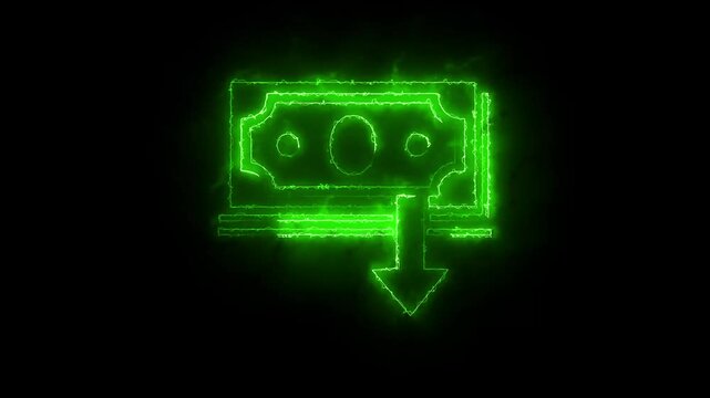   Neon line dollar rate decrease icon. Money symbol with down arrow. Business lost crisis decrease. 