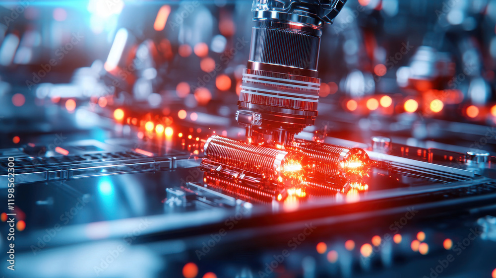 Poster beautifully lit scene of advanced robotic assembly working on circuit board, showcasing intricate de