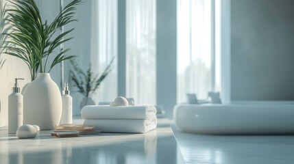Modern bathroom with white towels, plants, and toiletries on a marble countertop.
