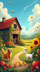 &ldquo;Whimsical Farm Scene with Playful Animals and Crops&rdquo; &ndash; A charming and colorful illustration of a farm with smiling animals, lush crops, and a picturesque barn in a sunny setting.
