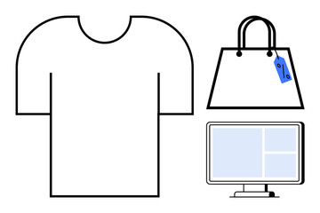 T-shirt, shopping bag with price tag, and computer screen signify online shopping. Ideal for e-commerce, digital retail, fashion marketing, technology in shopping, online businesses, product display