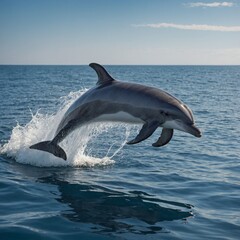 Fototapeta premium A dolphin pangon with smooth, aquatic patterns, leaping out of a sparkling ocean.