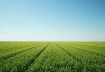 Obraz premium Expansive field of vibrant green wheat under a clear blue sky.