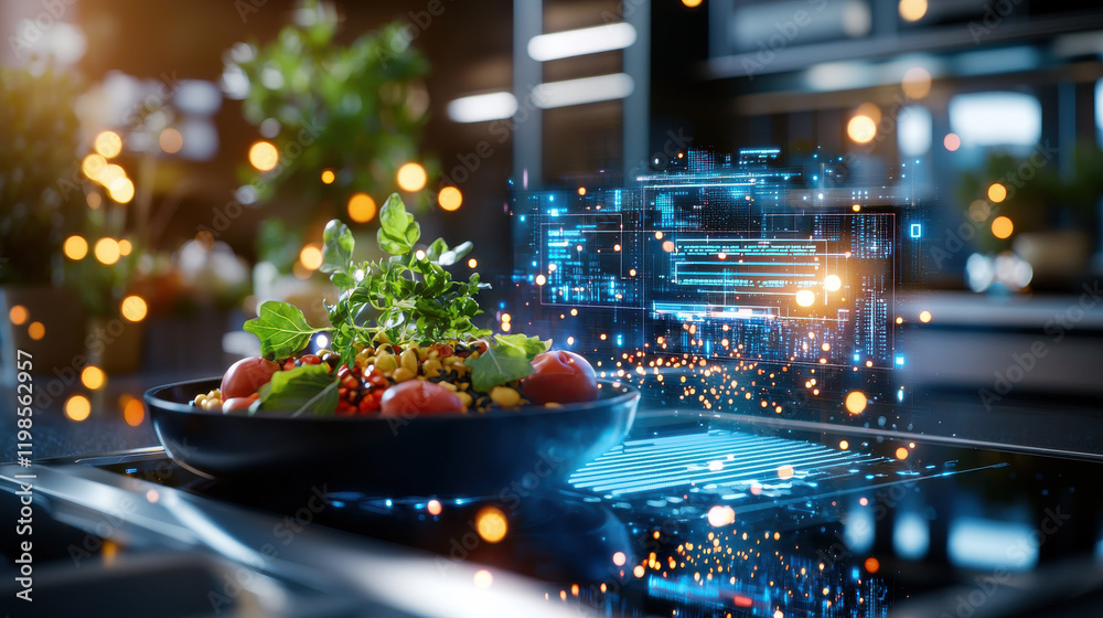 Aufkleber high tech kitchen featuring futuristic cooking interface with digital display. bowl of fresh salad s