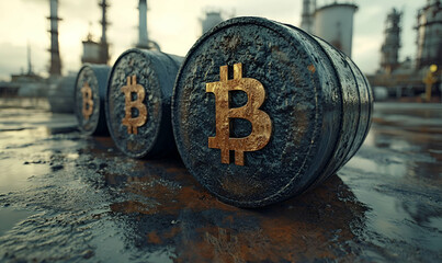 Bitcoin barrels, oil refinery background, crypto-energy
