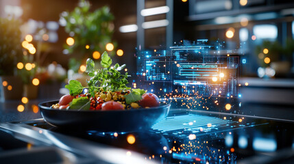 high tech kitchen featuring futuristic cooking interface with digital display. bowl of fresh salad sits on smart cooking surface, surrounded by vibrant lights and greenery
