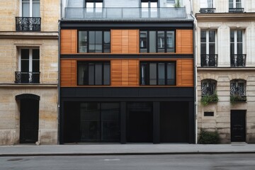 On a tranquil street in Paris, the sleek lines and bold designs of modern architecture stand in striking contrast to the charming historic buildings surrounding them during the day