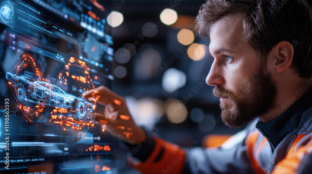 Poster focused engineer interacts with holographic display, visualizing new car prototype in high tech environment. scene captures innovation and advanced technology