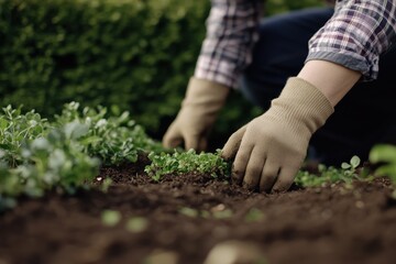 A gardener in work clothes and gloves is carefully rolling out a patch of sod grass over soil in a backyard