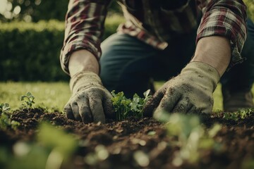 A gardener in work clothes and gloves is carefully rolling out a patch of sod grass over soil in a backyard