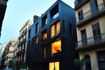 Fototapeta premium An elegantly designed modern black building stands in stark contrast to the historic structures surrounding it, beautifully illuminated by the soft evening light in this urban landscape