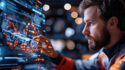 focused engineer interacts with holographic display, visualizing new car prototype in high tech environment. scene captures innovation and advanced technology