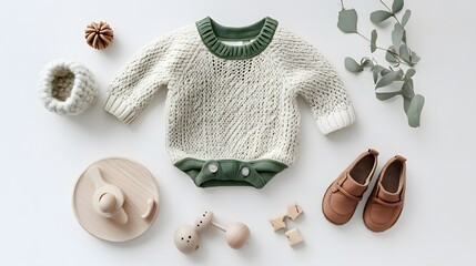 Baby Outfit With Knit Sweater And Wooden Toys