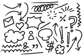 Chalk scribble doodle arrow, line elements set. Crayon arrow, underline, handwritten mark check. Rough hand drawn marker sketch with brush grunge texture. Vector illustration of kids pencil drawing.