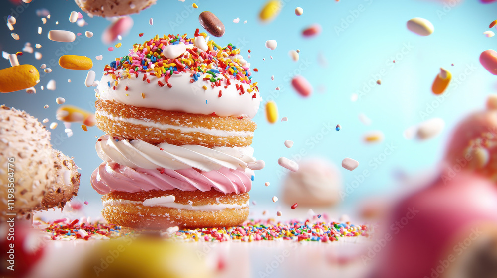 Poster delicious dessert with colorful sprinkles and candies, showcasing layered cake with frosting. vibran