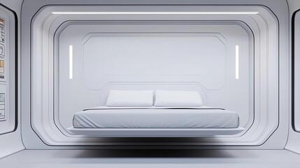 Obraz premium Bedroom interior idea. Minimalist bedroom design with a modern floating bed in a futuristic setting.