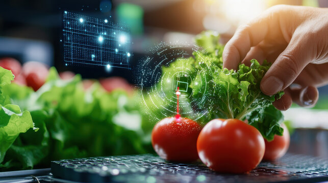 hand selecting fresh tomatoes and lettuce with digital sensors measuring quality. scene highlights intersection of technology and agriculture, showcasing innovation in food selection - Powered by Adobe