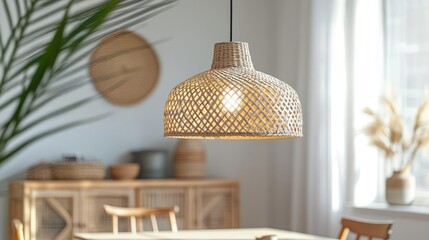 Dining room interior concept. Elegant woven pendant lamp illuminating a cozy modern dining space.