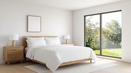 Fototapeta premium Bedroom interior idea. Modern bedroom interior with large window overlooking nature, minimalist design.