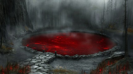 Eerie Red Lake in Dark Misty Forest Stone Pathway Gothic Landscape Supernatural Scene