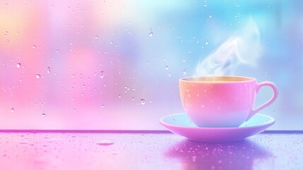 Fototapeta premium Warm coffee cup on rainy windowsill with pastel light.