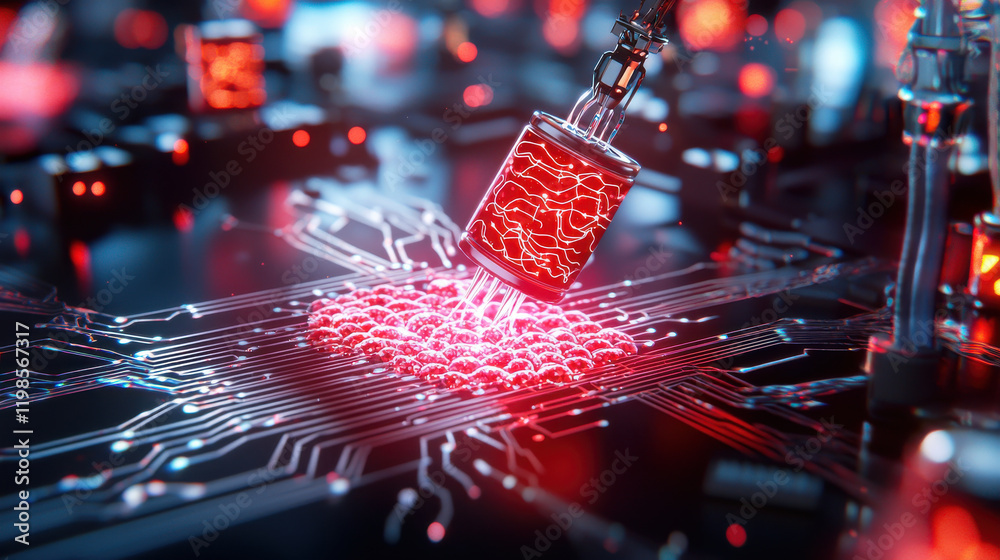 Fototapete dynamic 3d illustration of microscopic nanobots interacting with circuit board, showcasing vibrant r