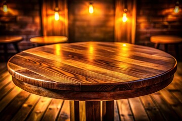 Elegant Wooden Round Table in Low Light - Rustic Interior Design Stock Photo