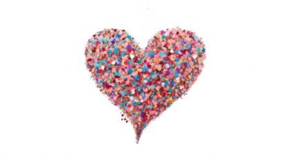 Heart-shaped confetti gently fluttering down, with colorful fireworks forming heart shapes in the sky, filling the scene with love and celebration, on a white transparent background PNG