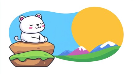 Cute white cat meditating on stones serene landscape digital art tranquil environment cartoonish style