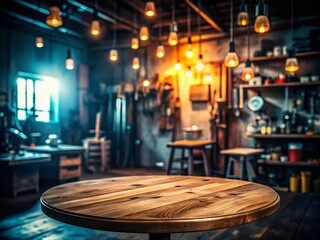 Empty Rustic Wooden Table in Dark Garage Workshop - Low Light Photography Stock Photo