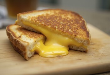 Close Up Of Grilled Cheese Sandwich On Wooden Cutting Board With Beer And Napkin In Casual Dining Setting
