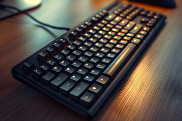 Sleek and Ergonomic LX Keyboard on a Wooden Desk Showcasing a Modern Working Environment