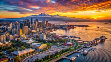 Aerial Drone View of Seattle Skyline, Puget Sound & Mountains
