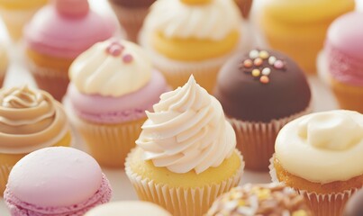 vibrant desktop wallpaper featuring an assortment of colorful cupcakes, Generative AI