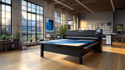 Large format inkjet printer in a printshop, wood floor visible beneath, printing a stunning piece of art.