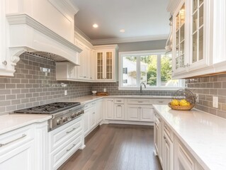 Elegant White Kitchen With Gray Tile Backsplash And Hardwood Floors