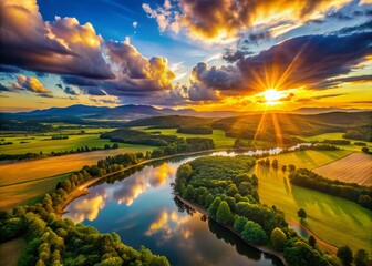 Aerial Drone View Ombre Sky Sunset Landscape, Blurred Background, Dramatic Colors