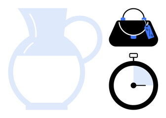 Water jug pouring liquid, purse with a tag, and a timer indicating partial time elapse. Ideal for time management, hydration, finance, fashion, simplicity productivity everyday life. Abstract line