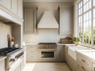 Elegant Beige Kitchen With Range And Farmhouse Sink