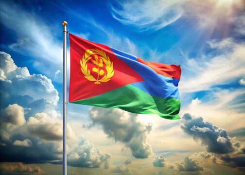 Eritrea Flag Waving Proudly Against a Stunning Blue Sky with Fluffy Clouds - Horizontal Banner