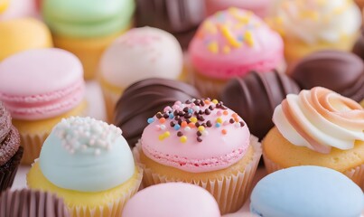 Fototapeta premium vibrant desktop wallpaper featuring an assortment of colorful cupcakes, Generative AI