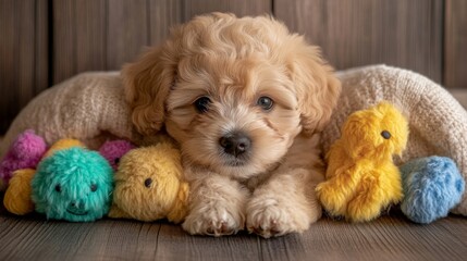 Adorable Fluffy Puppy with Colorful Toys Nestled in a Cozy Blanket
