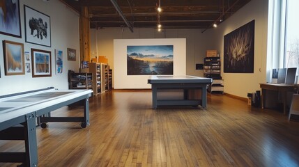 Fototapeta premium Large format inkjet printer in action, located in a printshop with wooden floors, printing a detailed artwork.