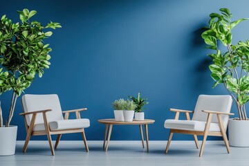 Mid-century modern interior, minimalist design, wooden furniture, blue accent wall