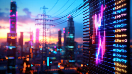 futuristic cityscape showcasing digital energy and vibrant data visualizations, with towering skyscrapers and power lines against colorful sunset